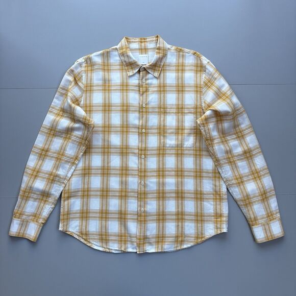 Sandro Paris Men XL Tartan Check Plaid Button Up Shirt Linen Cotton Yellow White - Picture 2 of 10